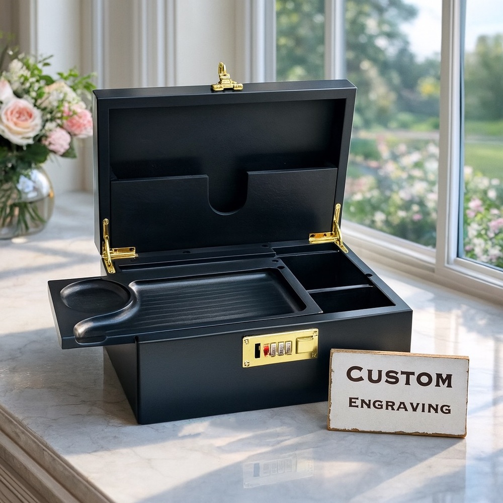 Custom personalized Engraved Bamboo smoking Stash storage box black color